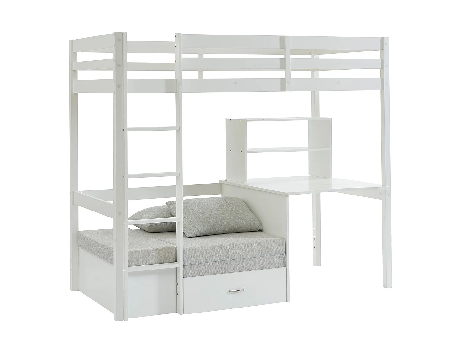 Hoogslaper 90 x 200 cm met bureau, slaapbank en opbergruimte - Massief grenen - Gebleekt + Matras - GOLIATH III