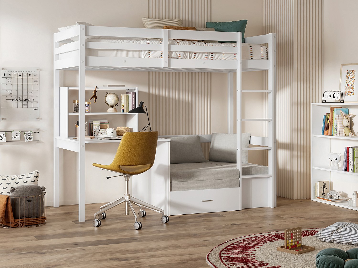 Loftsäng 90 x 200 cm med skrivbord, bäddsoffa och förvaring – Massiv vitmålad furu  + Madrass – GOLIATH III