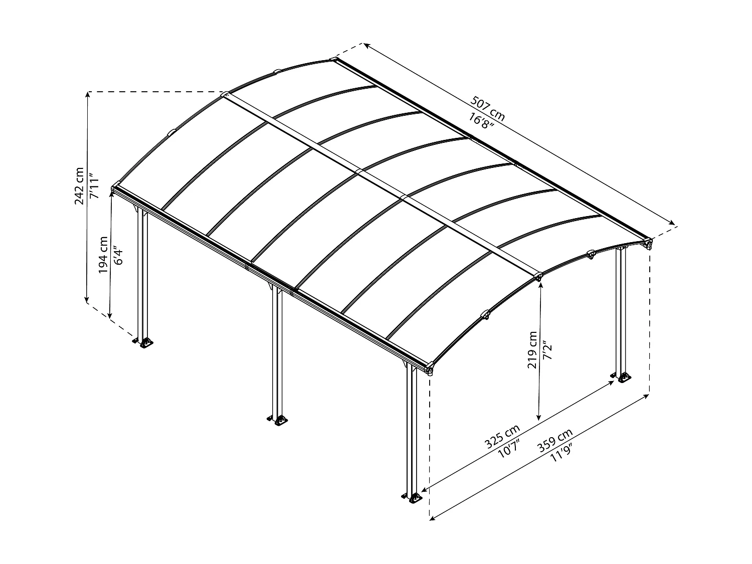 Carport in alluminio e policarbonato trasparente "Almicar" - 18,17 m² - 5,02 x 3,62 x 2,42 m
