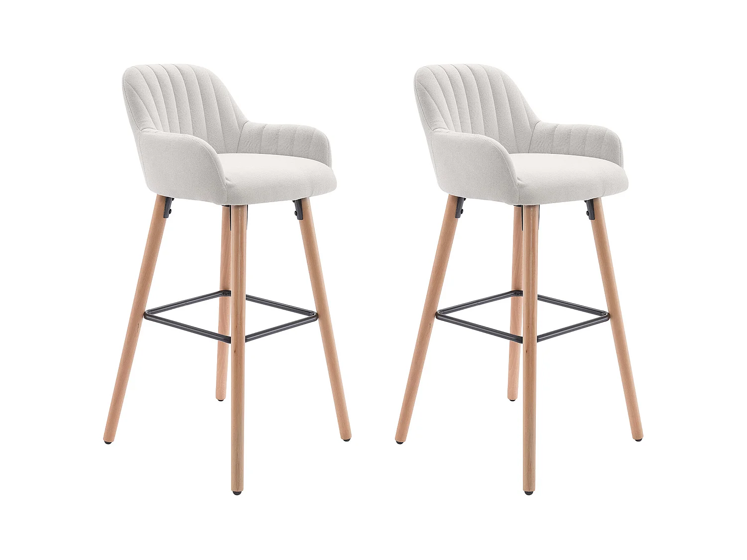 Lot de 2 tabourets de bar en tissu et pieds bois de hêtre - Crème - ELEANA