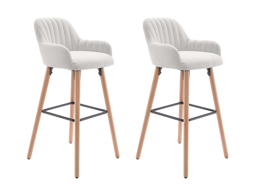Lot de 2 tabourets de bar en tissu et pieds bois de hêtre - Crème - ELEANA