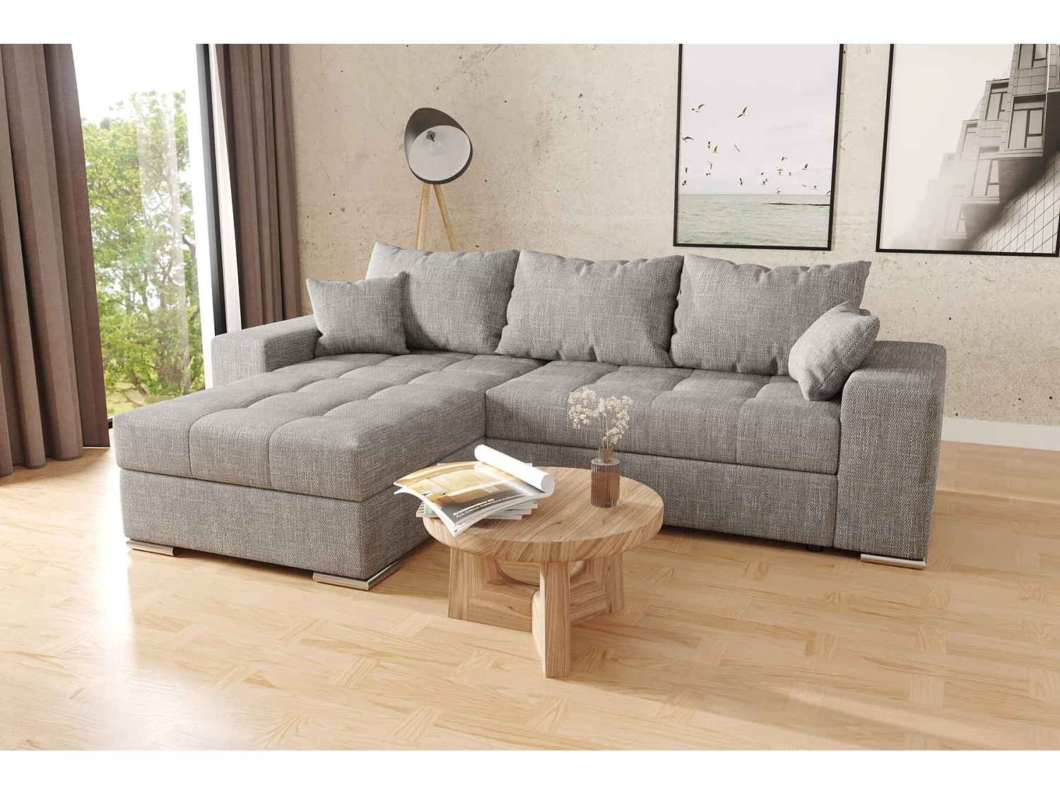 canapé d'angle josua L entièrement en tissu gris - avec couchage et rangements