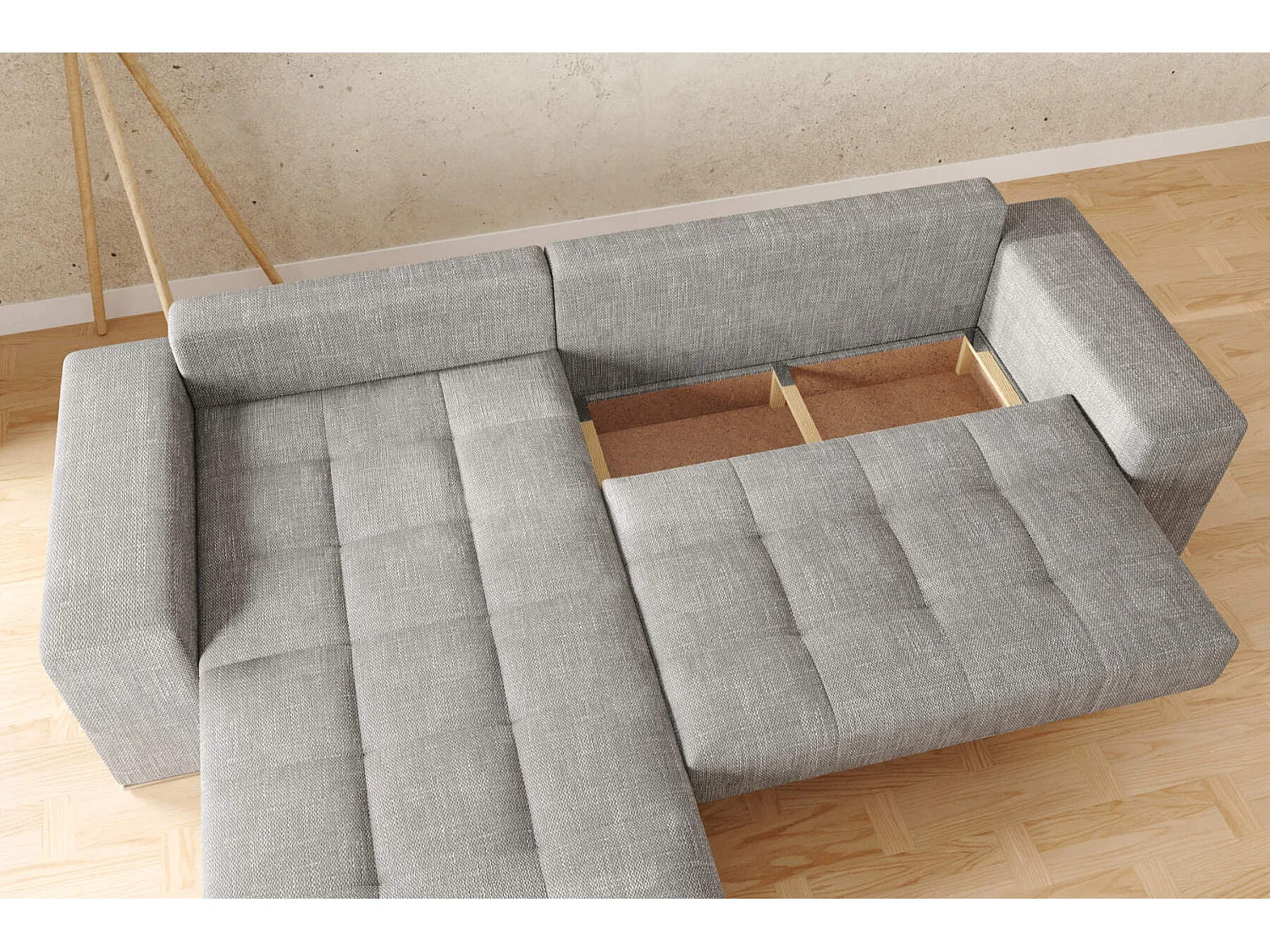 canapé d'angle josua L entièrement en tissu gris - avec couchage et rangements