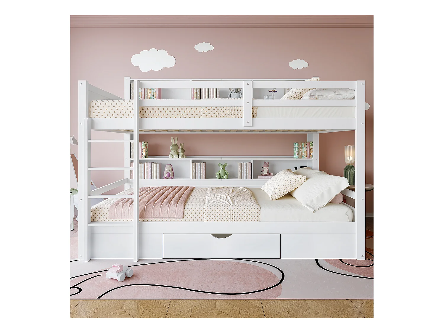 Stapelbed voor kinderen 2x90x200cm - met één lade en vakken - Wit