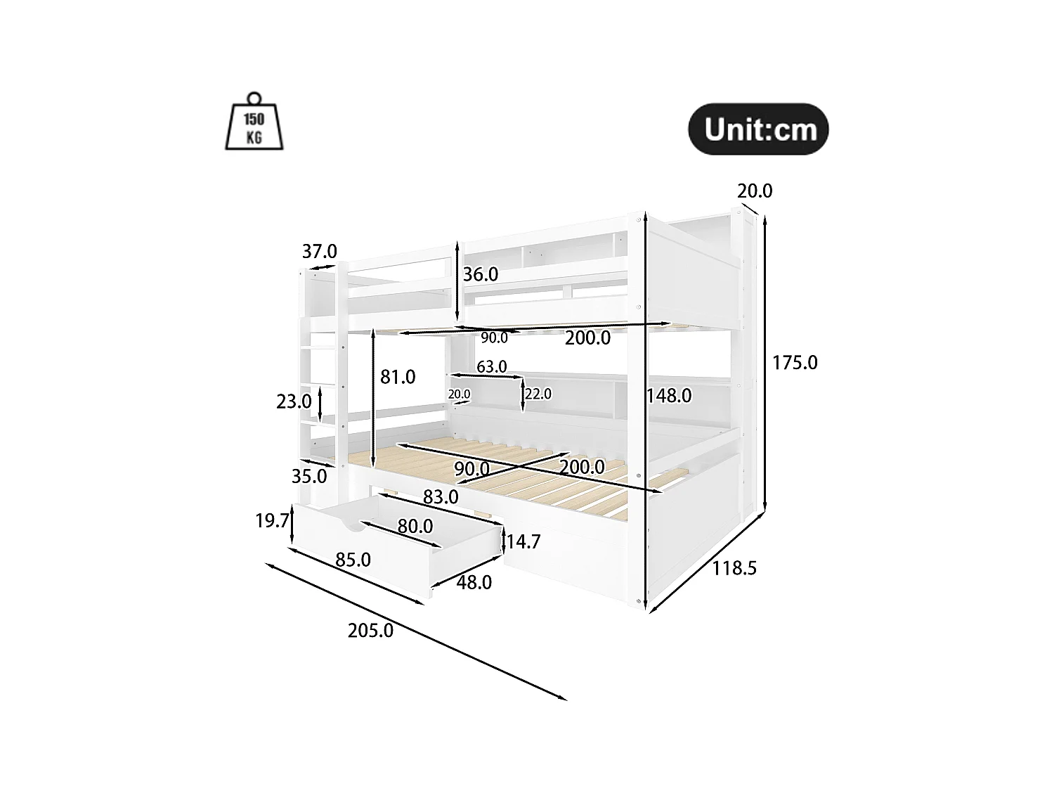 Stapelbed voor kinderen 2x90x200cm - met één lade en vakken - Wit