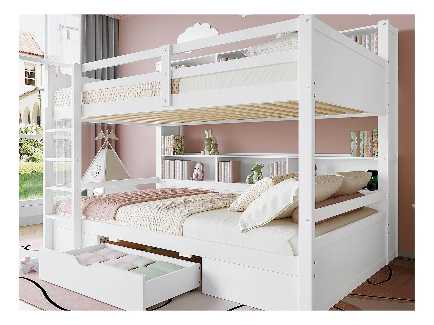Lit superposé pour enfant 2x90x200cm - avec un tiroir et compartiments - Blanc