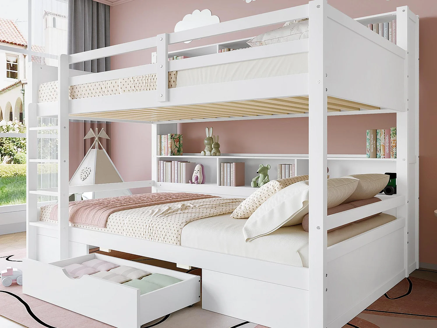 Lit superposé pour enfant 2x90x200cm - avec un tiroir et compartiments - Blanc