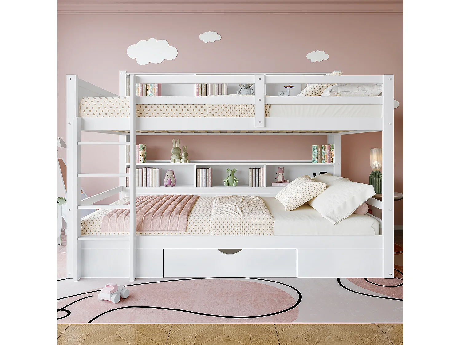 Lit superposé pour enfant 2x90x200cm - avec un tiroir et compartiments - Blanc