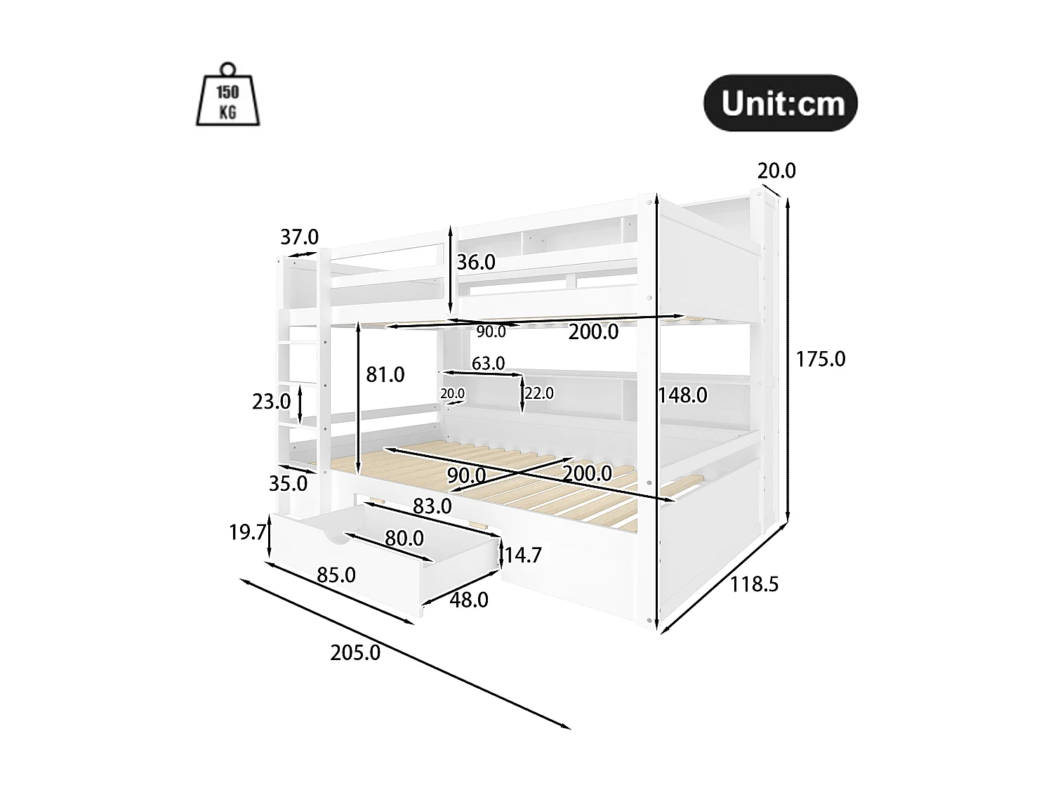 Lit superposé pour enfant 2x90x200cm - avec un tiroir et compartiments - Blanc