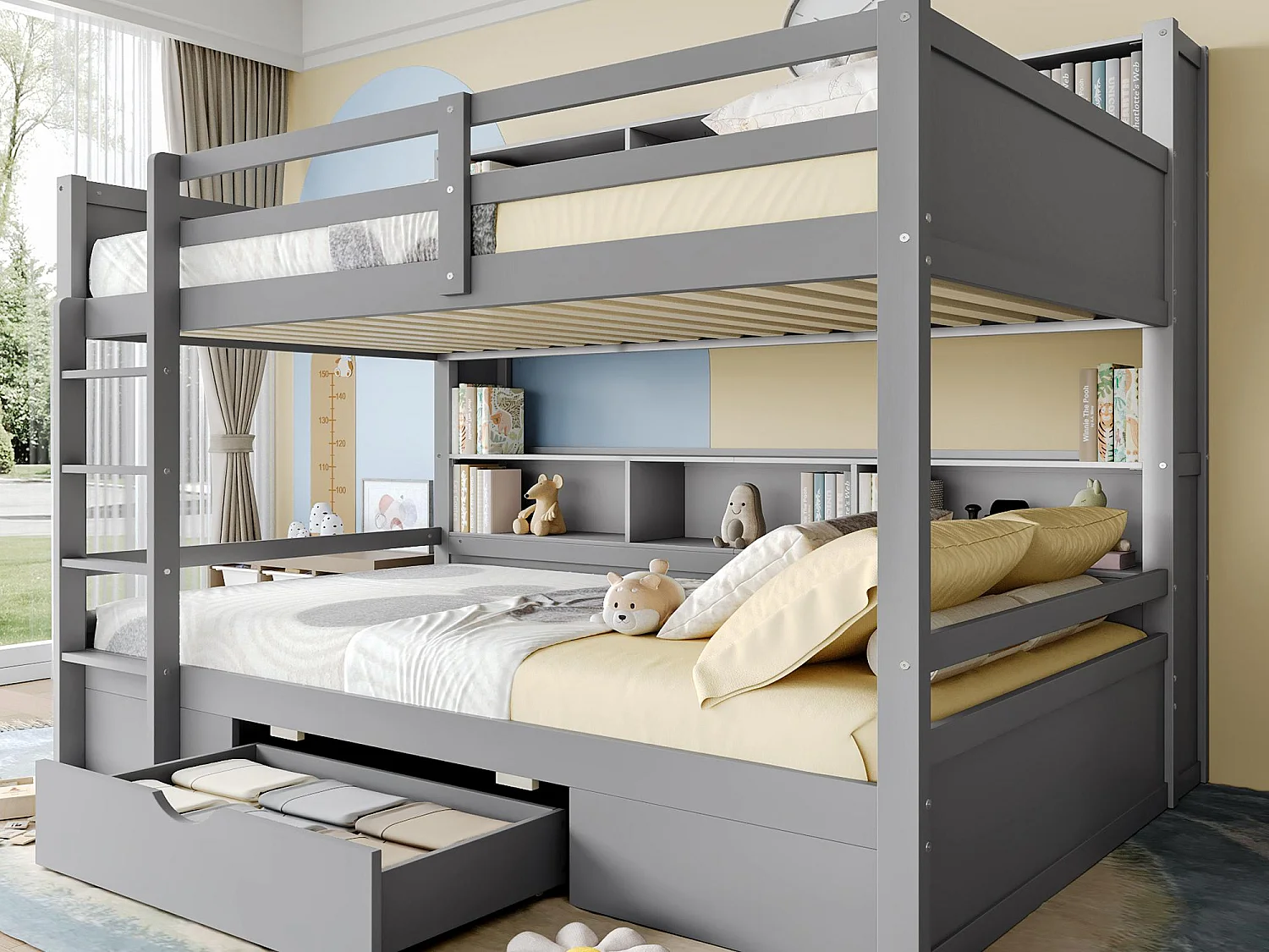 Stapelbed voor kinderen 2x90x200cm - met één lade en vakken - Grijs