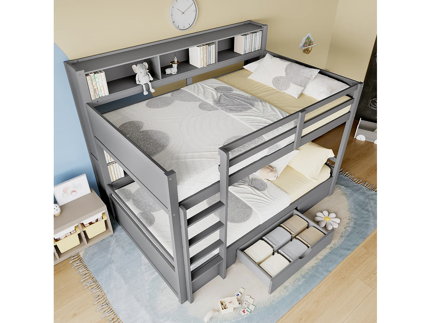 Litera para niños 2x90x200cm - con un cajón y compartimentos - Gris