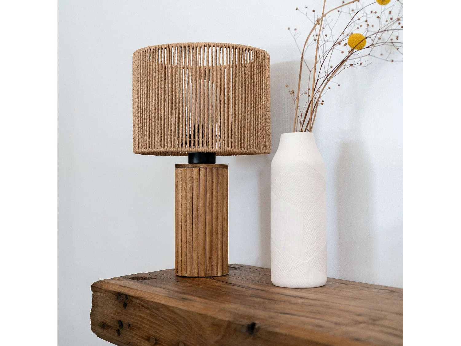 Lampada di carta in corda con base in legno - Mira