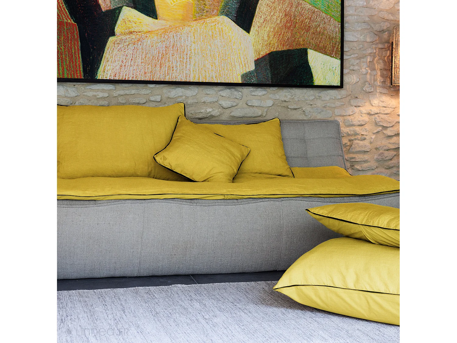 Housse de coussin PRELUDE 80x80 cm lin et coton lavé jaune Curry