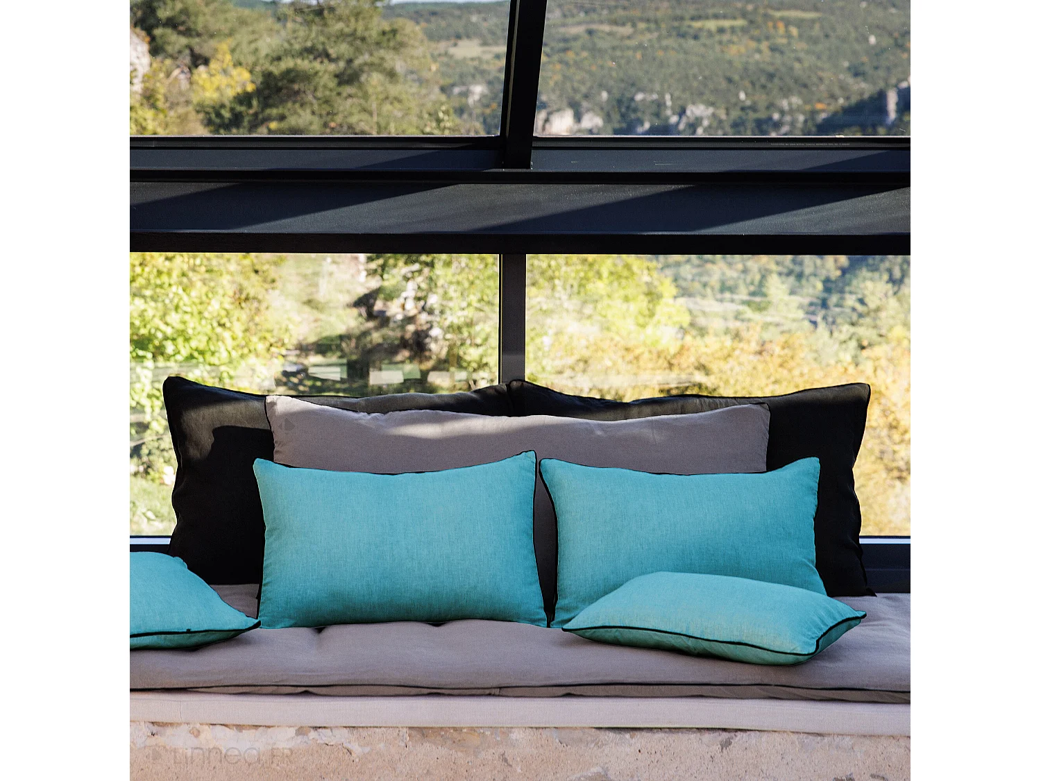 Housse de coussin PRELUDE 80x80 cm lin et coton lavé bleu Topaze