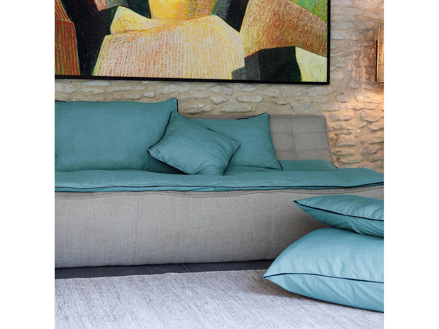 Housse de coussin PRELUDE 80x80 cm lin et coton lavé bleu Topaze