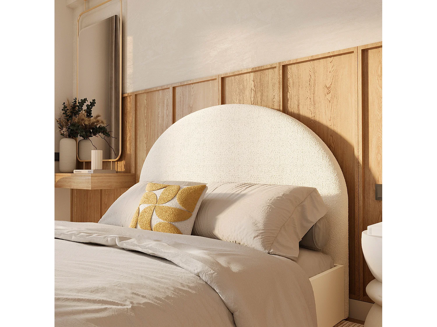 Tête de lit en tissu bouclé beige 160 cm - Eva