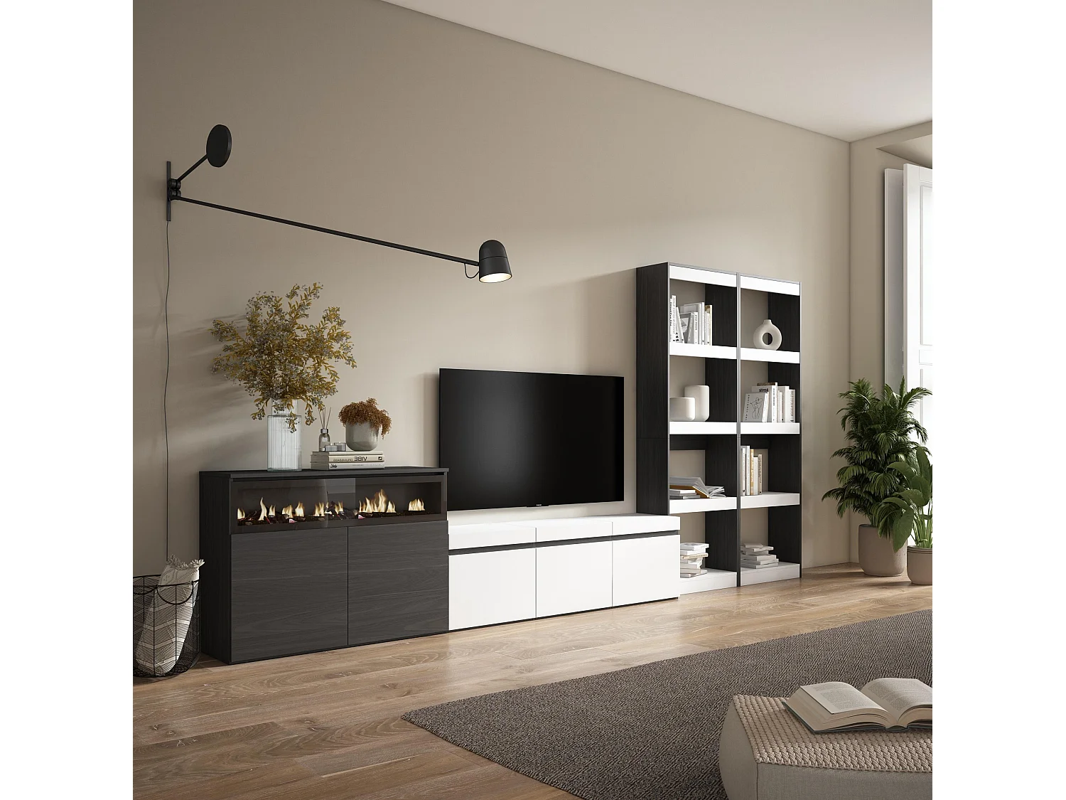 Meubels voor woonkamer, 370x186x35cm, Voor tv's tot 65", Elektrische haard, Wit en Zwart