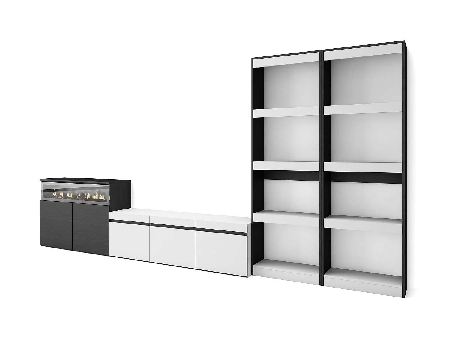 Meubels voor woonkamer, 370x186x35cm, Voor tv's tot 65", Elektrische haard, Wit en Zwart
