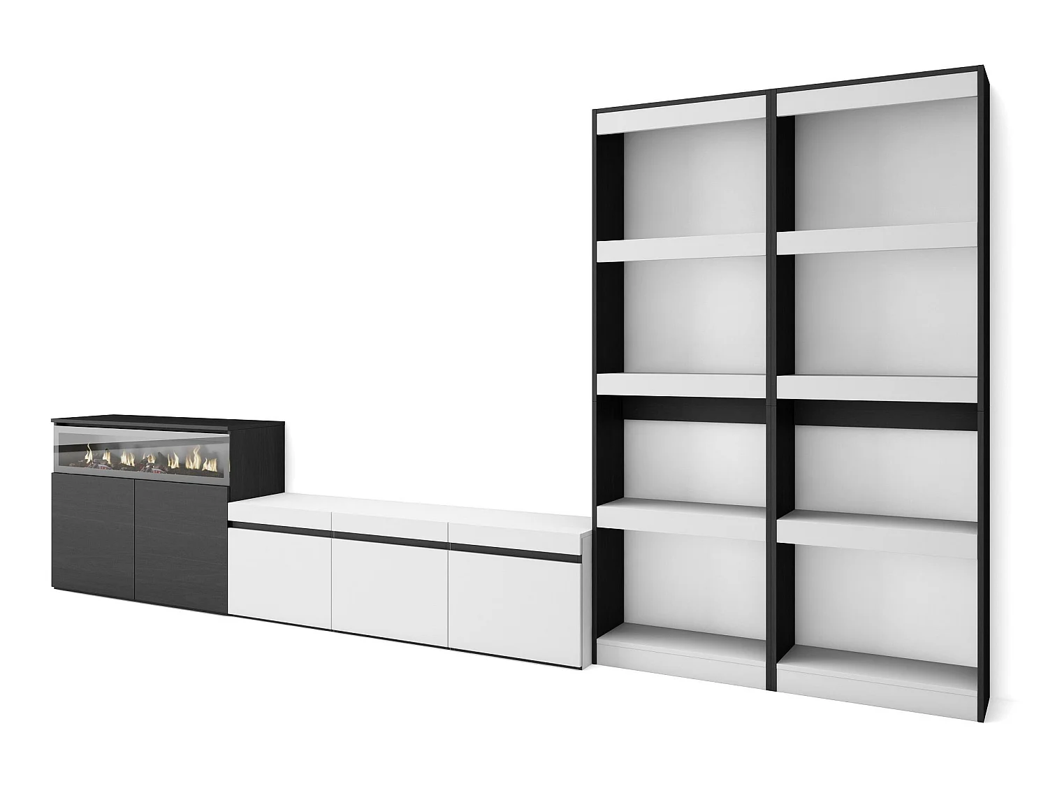 Meubels voor woonkamer, 370x186x35cm, Voor tv's tot 65", Elektrische haard, Wit en Zwart