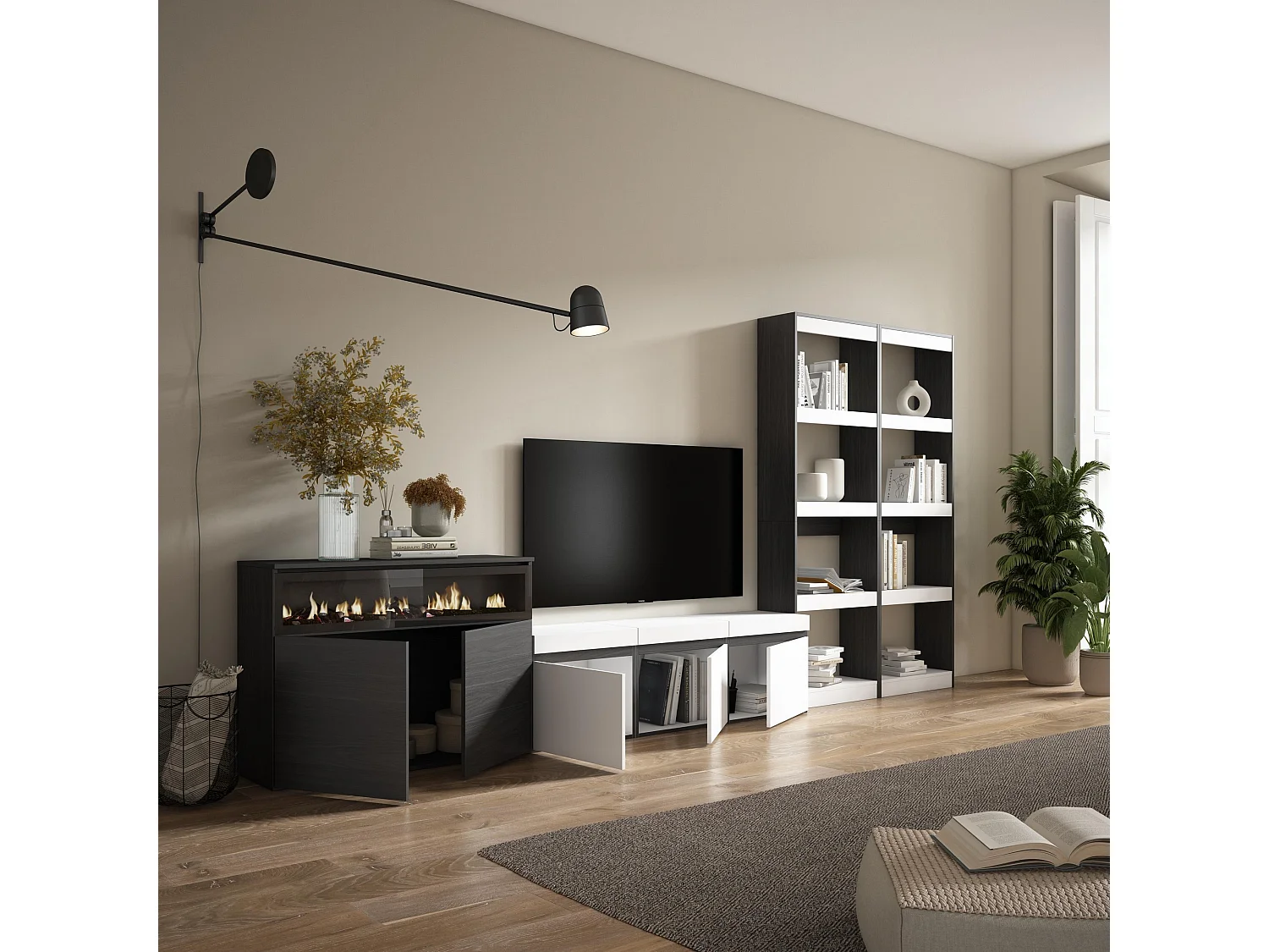 Meubels voor woonkamer, 370x186x35cm, Voor tv's tot 65", Elektrische haard, Wit en Zwart