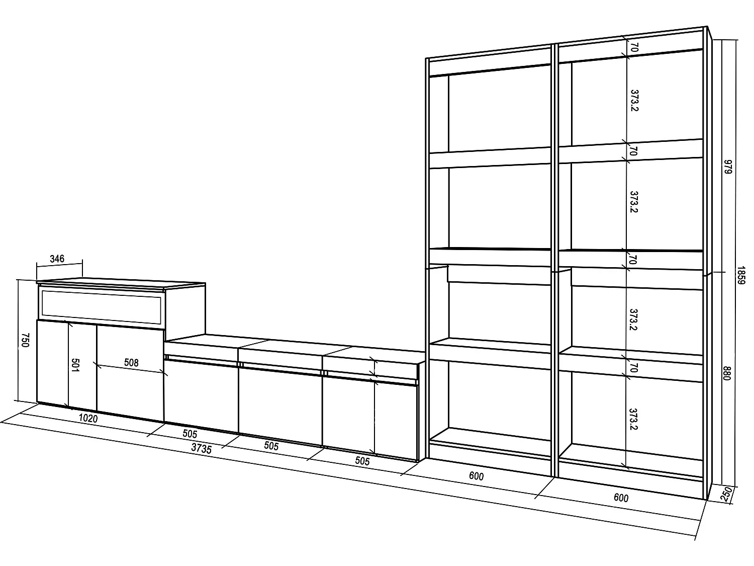 Meubels voor woonkamer, 370x186x35cm, Voor tv's tot 65", Elektrische haard, Wit en Zwart