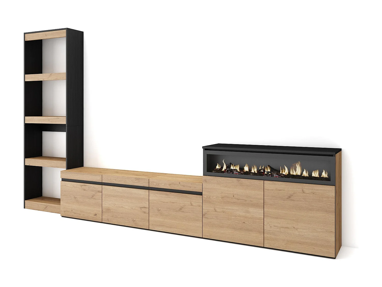 Mobile Soggiorno TV, 310x35x186cm, Per TV fino a 65", Camino elettrico, Rovere e nero