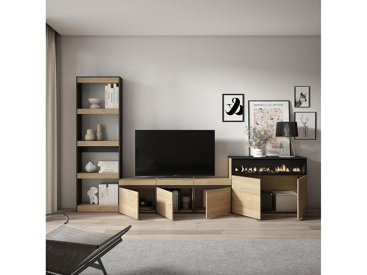 Mobile Soggiorno TV, 310x35x186cm, Per TV fino a 65", Camino elettrico, Rovere e nero