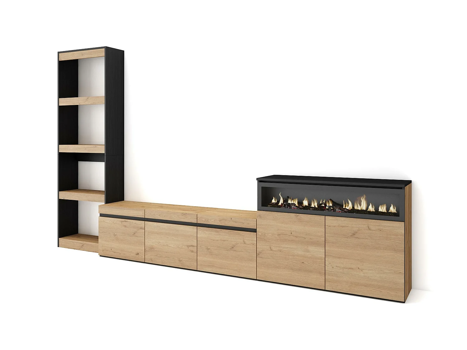 Meubels voor woonkamer, 310x35x186cm, Voor tv's tot 65", Elektrische haard, Eiken/Zwart