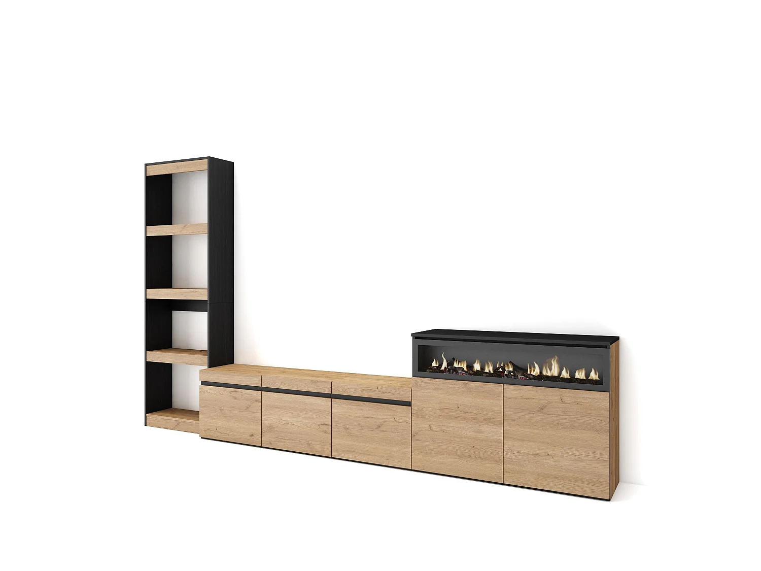 Ensemble Meuble TV, 310x35x186cm, Pour les TV jusqu'à 65", Cheminée électrique, Chêne et noir