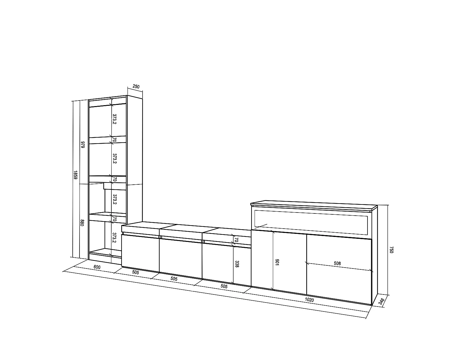 Ensemble Meuble TV, 310x35x186cm, Pour les TV jusqu'à 65", Cheminée électrique, Chêne et noir