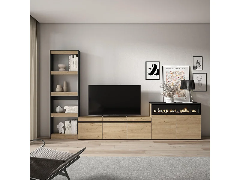 Ensemble Meuble TV, 310x35x186cm, Pour les TV jusqu'à 65", Cheminée électrique, Chêne et noir