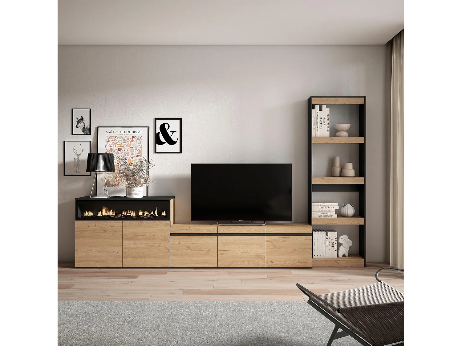 Mobile Soggiorno TV, 310x35x186cm, Per TV fino a 65", Camino elettrico, Rovere e nero