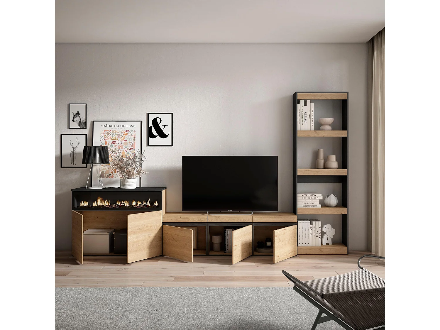 Mobile Soggiorno TV, 310x35x186cm, Per TV fino a 65", Camino elettrico, Rovere e nero