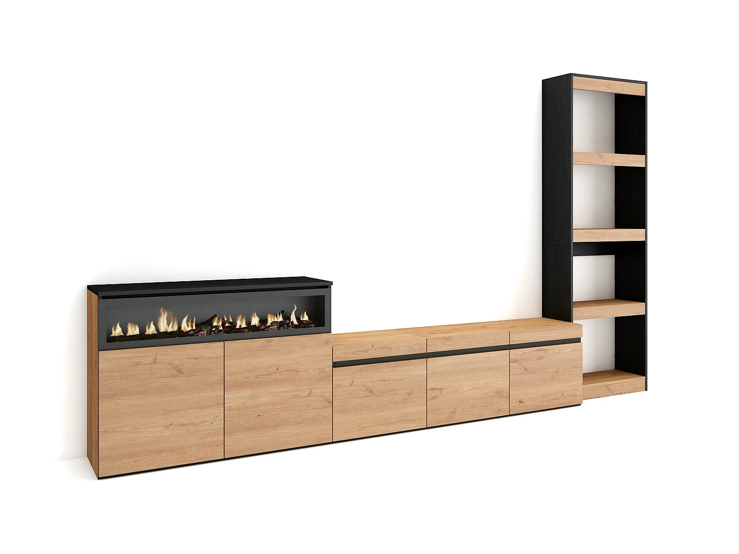 Ensemble Meuble TV, 310x35x186cm, Pour les TV jusqu'à 65", Cheminée électrique, Chêne et noir