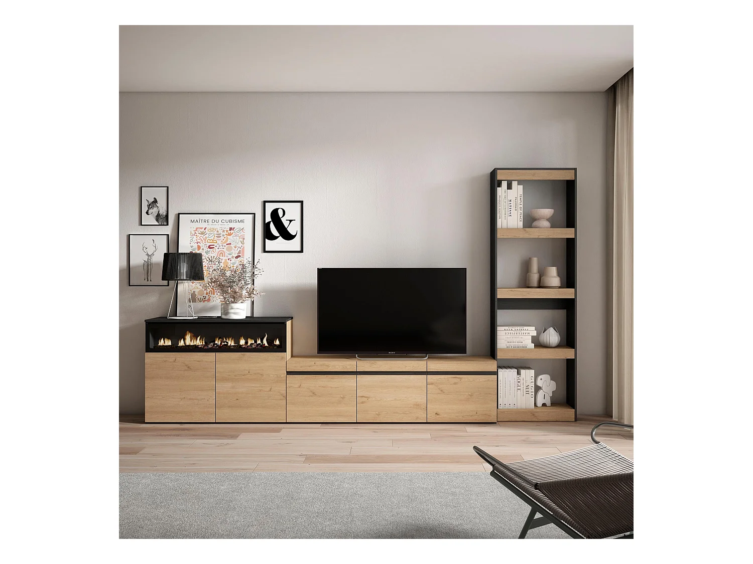 Meubels voor woonkamer, 310x35x186cm, Voor tv's tot 65", Elektrische haard, Eiken/Zwart