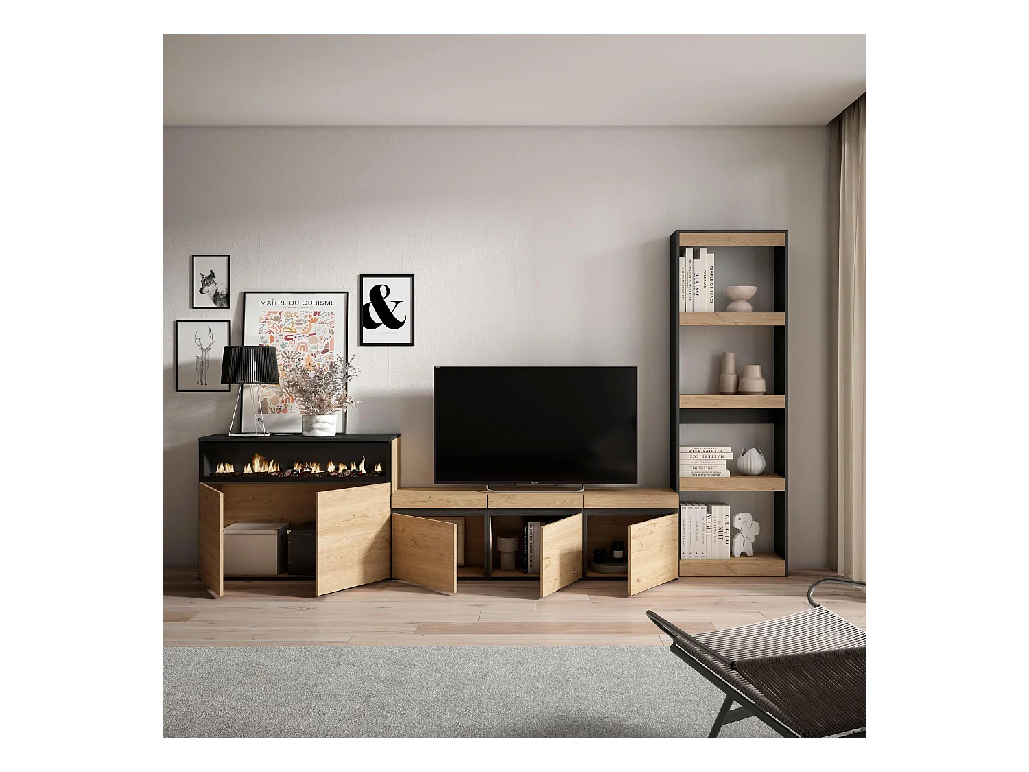 Meubels voor woonkamer, 310x35x186cm, Voor tv's tot 65", Elektrische haard, Eiken/Zwart