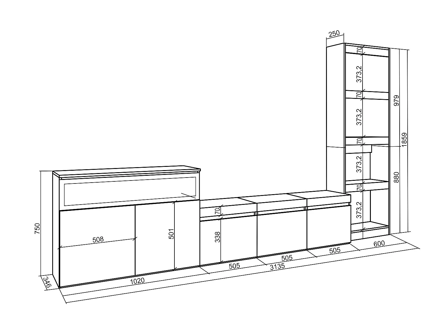 Meubels voor woonkamer, 310x35x186cm, Voor tv's tot 65", Elektrische haard, Eiken/Zwart