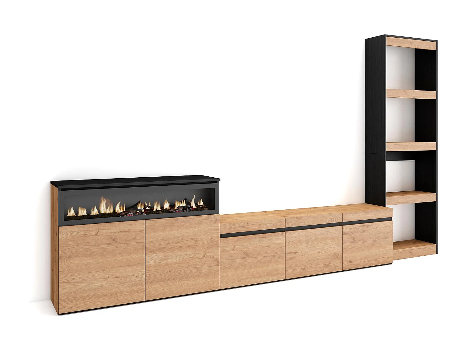 Ensemble Meuble TV, 310x35x186cm, Pour les TV jusqu'à 65", Cheminée électrique, Chêne et noir