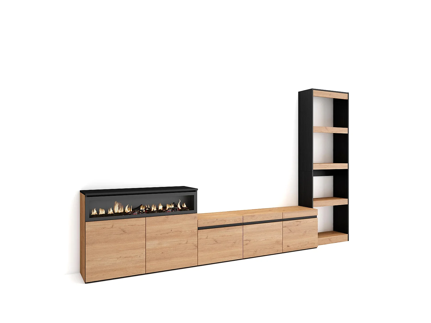 Mobile Soggiorno TV, 310x35x186cm, Per TV fino a 65", Camino elettrico, Rovere e nero
