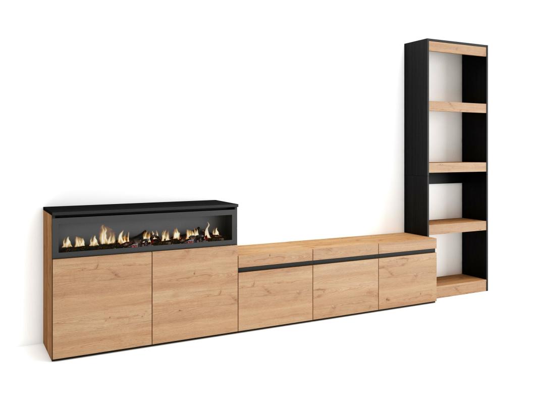 Meubels voor woonkamer, 310x186x35cm, Voor tv's tot 65", Elektrische haard, Eiken/Zwart