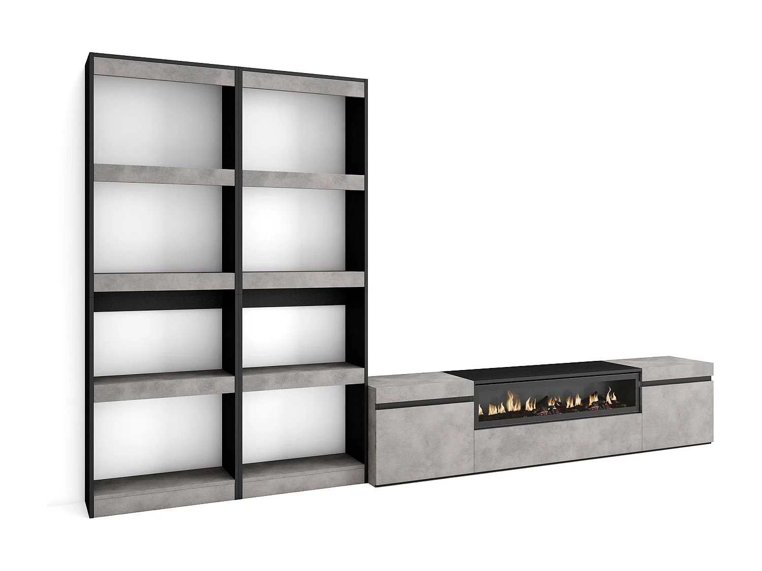 Ensemble Meuble TV, 320x35x186cm, Pour les TV jusqu'à 80", Cheminée électrique, Ciment