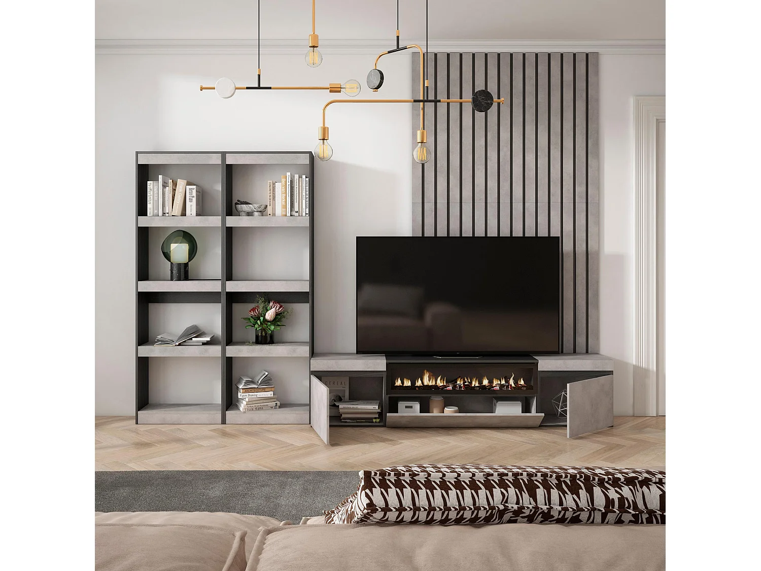 Ensemble Meuble TV, 320x35x186cm, Pour les TV jusqu'à 80", Cheminée électrique, Ciment