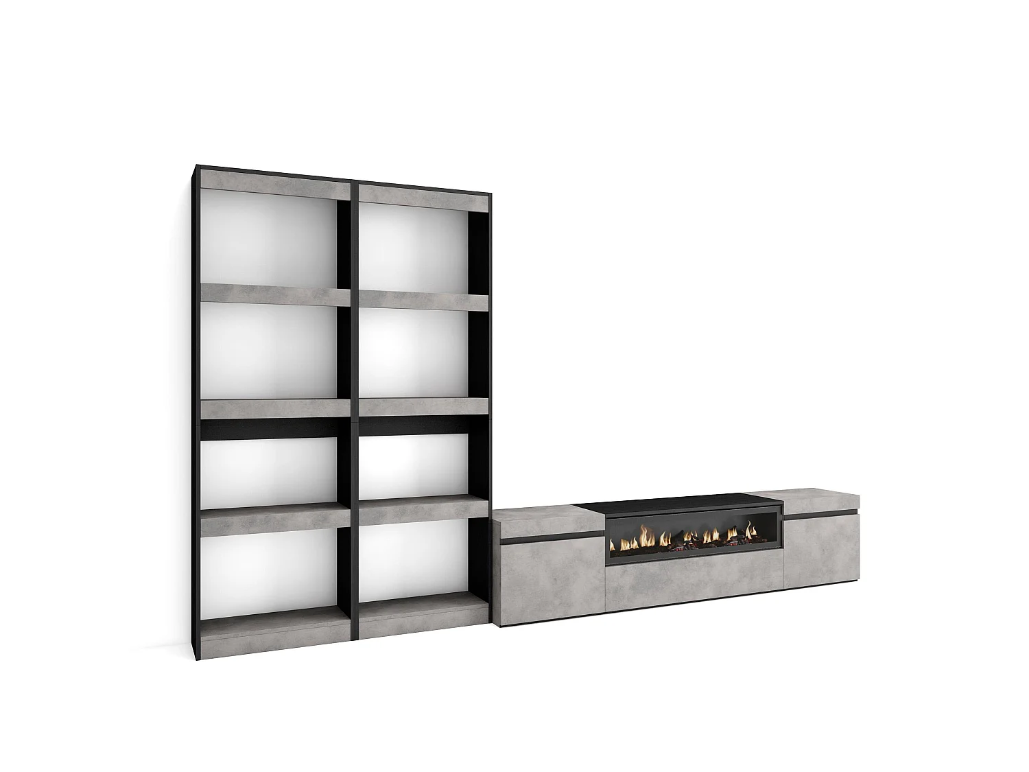 Ensemble Meuble TV, 320x35x186cm, Pour les TV jusqu'à 80", Cheminée électrique, Ciment