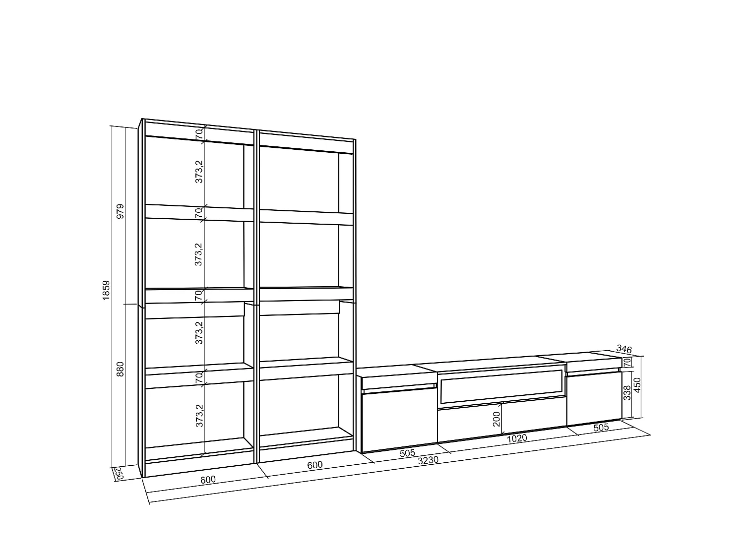 Ensemble Meuble TV, 320x35x186cm, Pour les TV jusqu'à 80", Cheminée électrique, Ciment