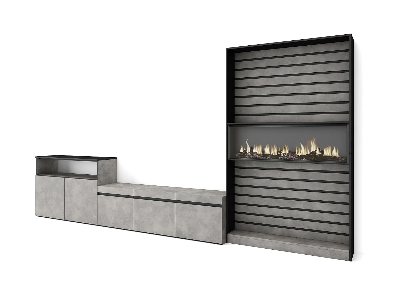 Ensemble Meuble TV, 360x186x35cm, Pour les TV jusqu'à 65", Cheminée électrique, Ciment