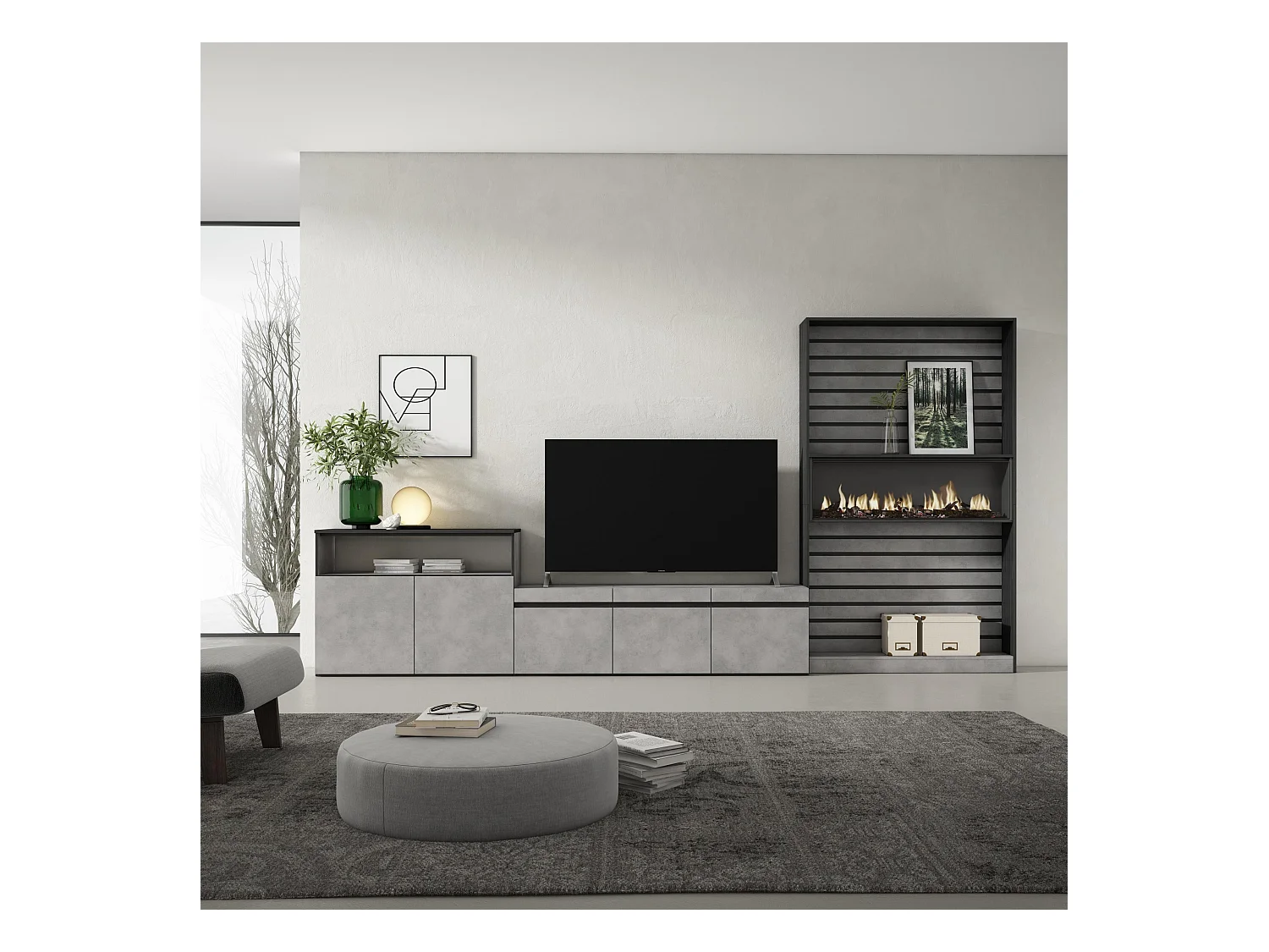 Ensemble Meuble TV, 360x186x35cm, Pour les TV jusqu'à 65", Cheminée électrique, Ciment