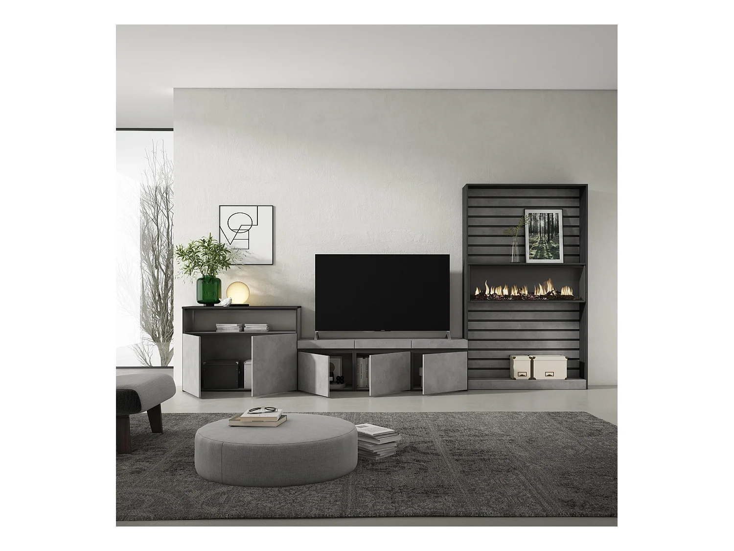 Ensemble Meuble TV, 360x186x35cm, Pour les TV jusqu'à 65", Cheminée électrique, Ciment