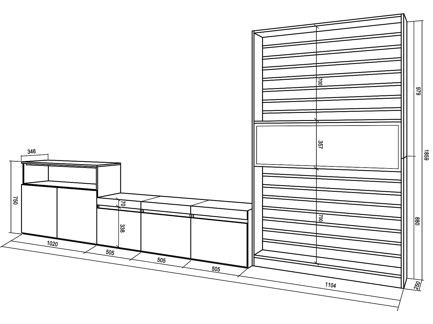 Ensemble Meuble TV, 360x186x35cm, Pour les TV jusqu'à 65", Cheminée électrique, Ciment