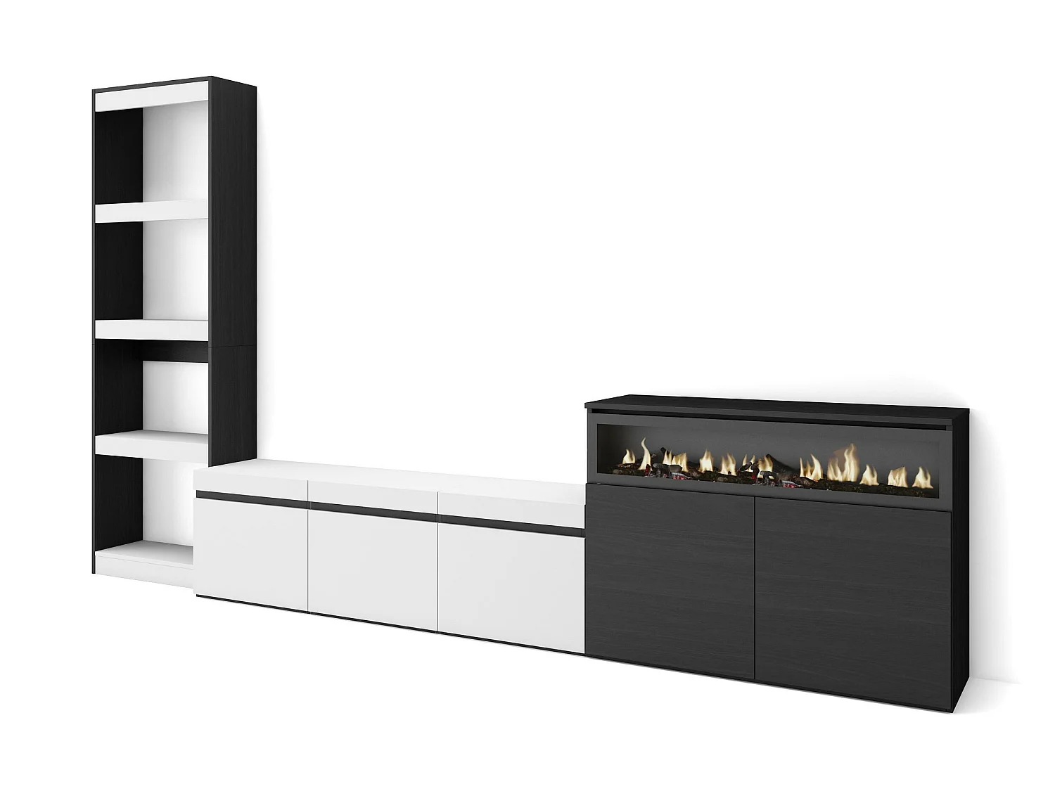 Ensemble Meuble TV, 310x186x35cm, Pour les TV jusqu'à 65", Cheminée électrique, Blanc et noir