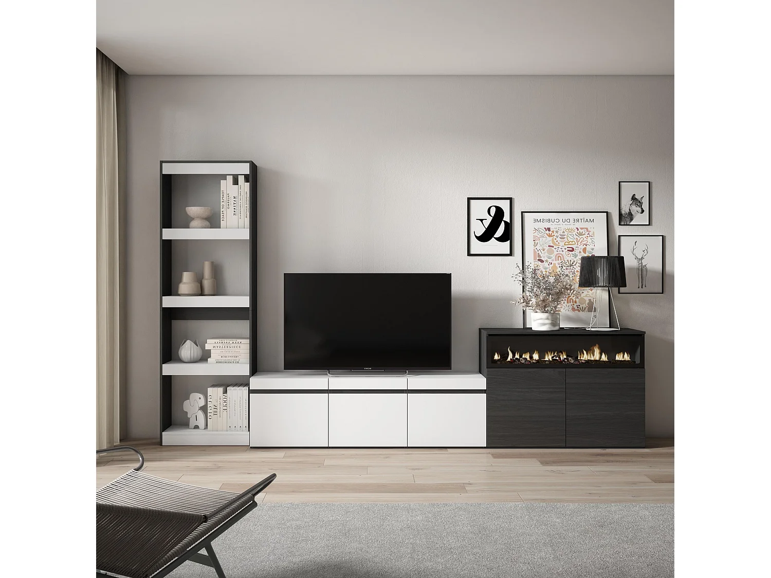 Ensemble Meuble TV, 310x186x35cm, Pour les TV jusqu'à 65", Cheminée électrique, Blanc et noir